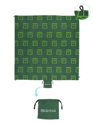 A flat, dark green polyester blanket with the Ravinia logo in light green multiple times. Below it is the pouch it comes in, and in the upper right is a close-up of the corner loop.