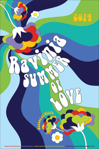 Renditions of flowers at the top and bottom, and colored stripes surround the words Ravinia Summer of Love and Season of Stars.