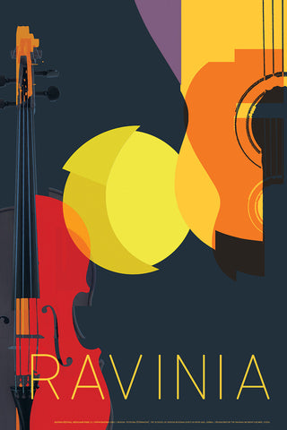 A cello on the left and close-up of a guitar on the right with an abstract yellow sphere between them, and the word RAVINIA at the bottom.
