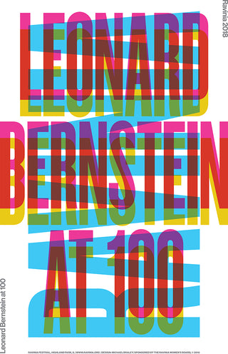 Large text on the 2018 Ravinia poster reads, Leonard Bernstein at 100 in purple, green and blue.