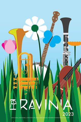 A trumpet, banjo, clarinet and string bass in thick green grass with the word Ravinia partially obscured, and a blue sky, flowers and a butterfly above.