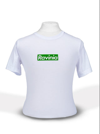 A white tee on a torso form with a small green rectangle on the chest, with the word Ravinia in white.