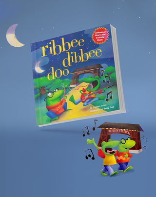 A blue book cover with two happy, musical frogs in front of Ravinia's Tyler gate.