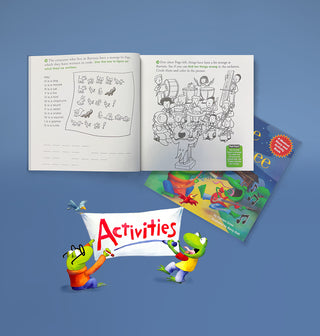 Two frogs holding an Activities banner below  an open book with activities on the pages.