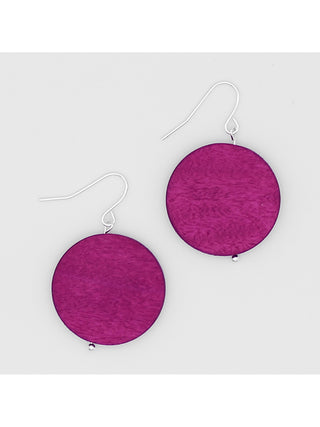 A simple fuchsia-colored wood bead hangs from a silver plated French hook.