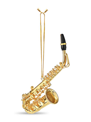 An ornament that looks exactly like a gold saxophone, complete with reed mouthpiece., with a gold cord for hanging
