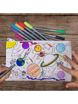 A An overhead view of young hands coloring in the planets side of a space-themed pencil case.