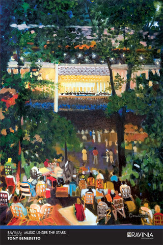 Patrons in chairs in the foreground, lush trees in front of them, and a lit musical performance in the background, all on a summer night.