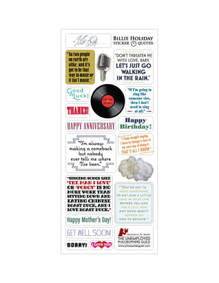 A collection of small stickers with Billie Holiday quotes on them.