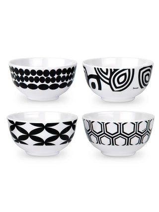 Two rows of two bowls with different black and white patterns.