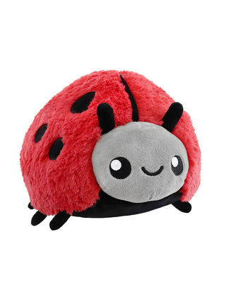 A smiling, plush ladybug in red, gray and black.