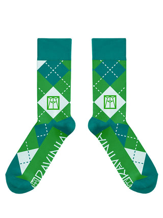 A pair of argyle socks with different shades of green, the Ravinia logo in the center, and the word RAVINIA at the bottom of the socks.
