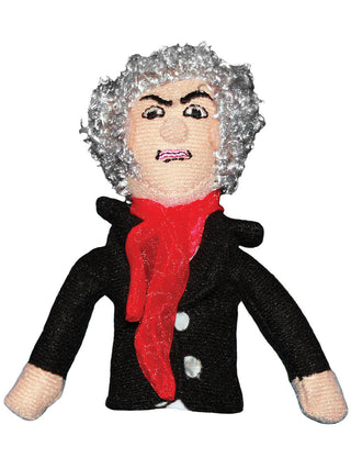 A finger puppet depicting the composter Beethoven, with gray hair, a black coat and red scarf.