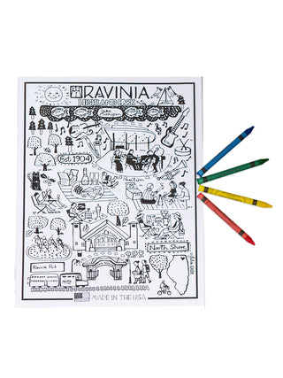 Black and white drawings of Ravinia festivities including musicians, the entrance gate, patrons picnicking, and the Metra train. Four colorful crayons are fanned out to the right of the coloring book.