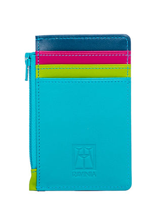 A leather credit card hold in blue, green, red and navy blue, with a Ravinia logo at the bottom and a zipper on the left side.