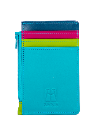 A leather credit card holder in blue, green, red and navy blue, with a Ravinia logo at the bottom and a zipper on the left side.