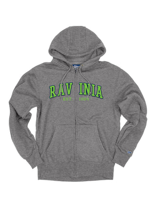 A graphite gray full zip hoodie with pockets and Ravinia Est. 1904 in green lettering.