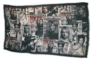 Flat scarf covered with images of rock stars from Rolling Stone magazine covers.