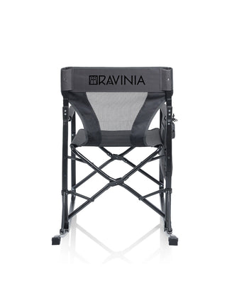 A graphite foldable rocking chair with the Ravinia logo on the backrest.