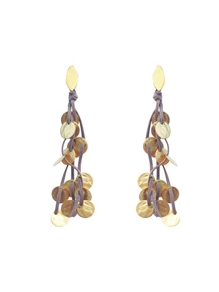 Long gold-toned cord earrings with multiple bronze discs.