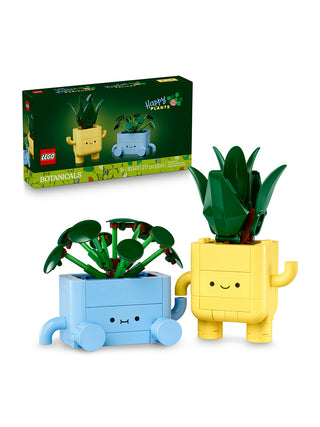 The LEGO Botanicals Happy Plants box next to the assembled Happy Plants.