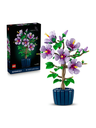 The LEGO Botanicals Hibiscus box next to the assembled LEGO Hibiscus.