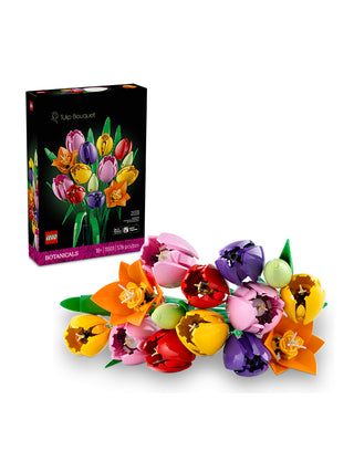 A LEGO Tulip Bouquet box next to the assembled LEGO tulip bouquet.