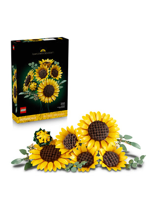 The LEGO Botanicals Sunflower Bouquet box next to the assembled LEGO sunflower bouquet.