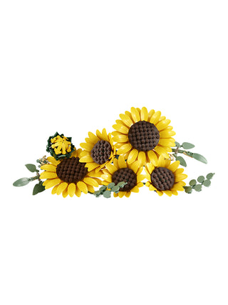Six yellow and brown LEGO sunflowers with green stems and leaves, on a white background.
