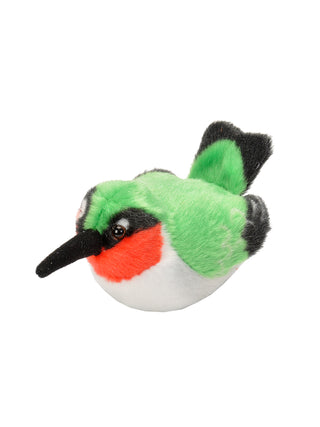 A stuffed animal version of a hummingbird with a ruby throat, white breast, bright green back and black tail.