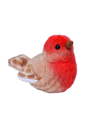 A stuffed bird with a bright red head and breast, and brown feathers and tail.