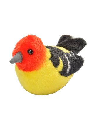 A stuffed bird with a red head, yellow breast, and black wings and tail.