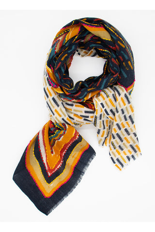 A styles scarf with colors of blue, orange, red and khaki.