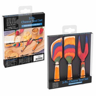 The back and front of the 3-pc cheese tool set Marrakesh collection box.