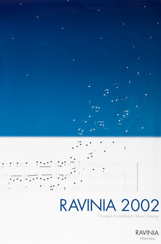 A dark blue evening sky with both musical notes and stars, and under it, the words in blue on white, RAVINIA 2002.