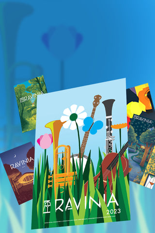 An assortment of Ravinia posters from over the years, against a blue background with grass in the foreground