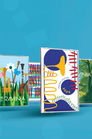 Five different Ravinia posters on a blue background, including the new 2025 poster, all with silver frames on them.
