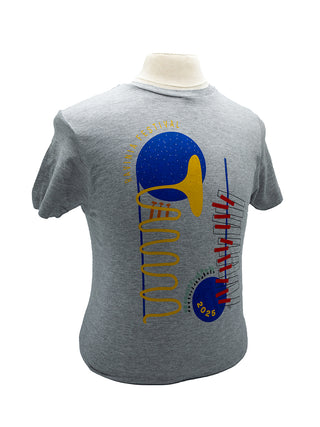 A gray short sleeve t-shirt with an abstract design of a trumpet, piano keys, and music notes, that reads Ravinia Festival 2025.