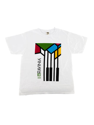 A white t-shirt with the design from the 2026 Ravinia Poster on the front.