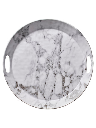 A circular serving tray with a marble pattern and two slots for carrying.