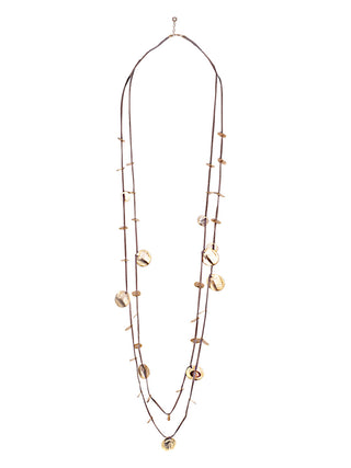 A long, doubled necklace with a gold-toned cord and bronze discs., all on a white background.