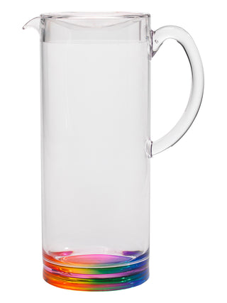 A tall acrylic pitcher with a rainbow circle at its base.