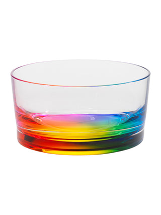 A clear acrylic cylindrical bowl with a rainbow pattern at its base.