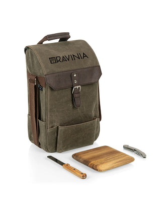 A Ravinia branded canvas bag with a wooden cutting board, a cheese knife, and a corkscrew laid in front of it.