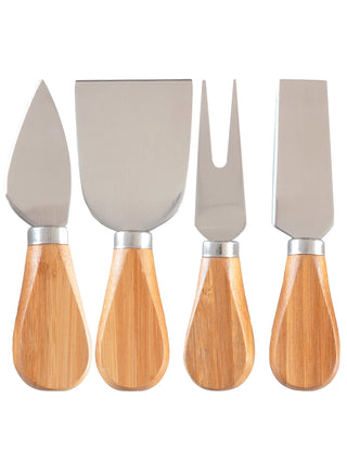 A row of four cheese tools with wooden handles.