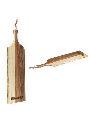 Two wooden boards with handles at their ends, one standing up and one angled to the side, both with RAVINIA branded near the edge.