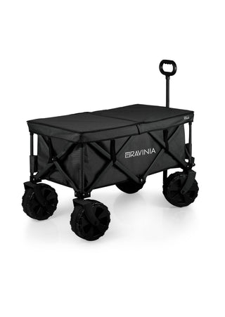 A black folding wagon with the Ravinia logo, with a black tabletop cover on top.
