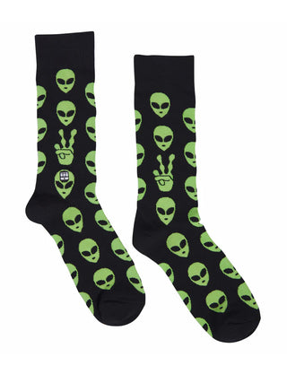 Dark socks with green alien heads and a green hand with a peace sign.