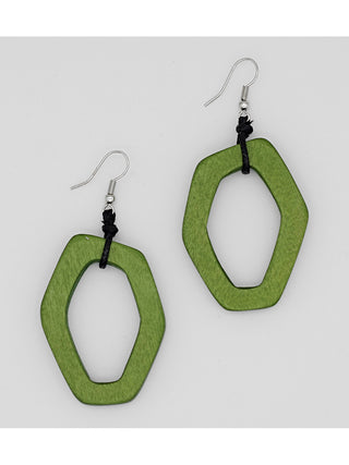 Earrings made of aa vibrant lime green wooden link, with silver hooks above.