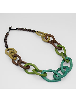 Angle of A necklace with a lightweight wooden chain link design features an impeccable combination of green and taupe hues.